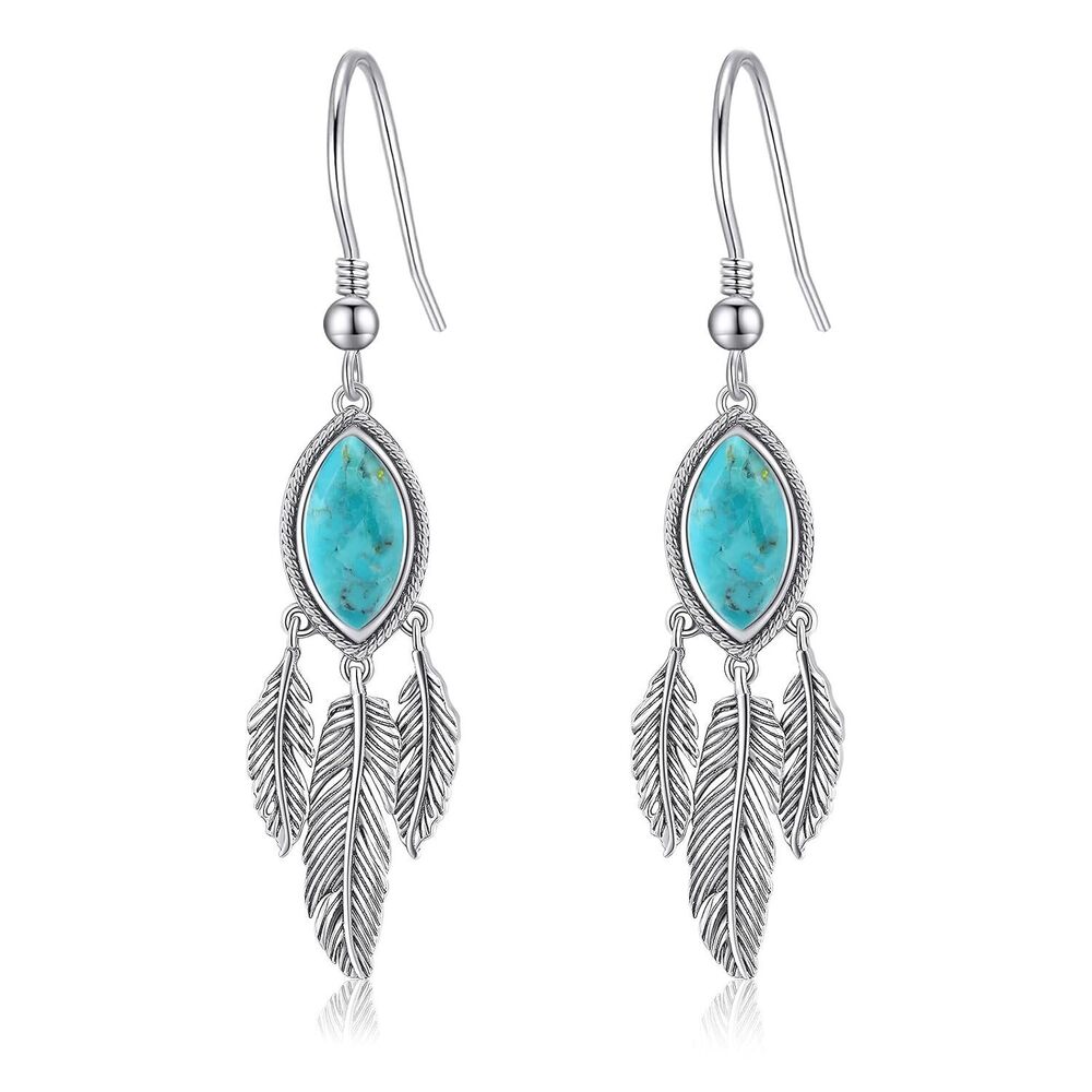 Turquoise Feather Dangle Earrings for Women 925 Sterling Silver Earring